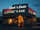 Steak 'n Shake restaurant with Bitcoin logo overlay, representing its corporate cryptocurrency investment strategy.