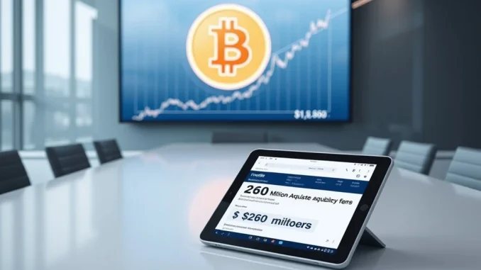 Corporate Bitcoin investment strategy shown on a digital screen for a $260 million purchase of 2932 BTC.