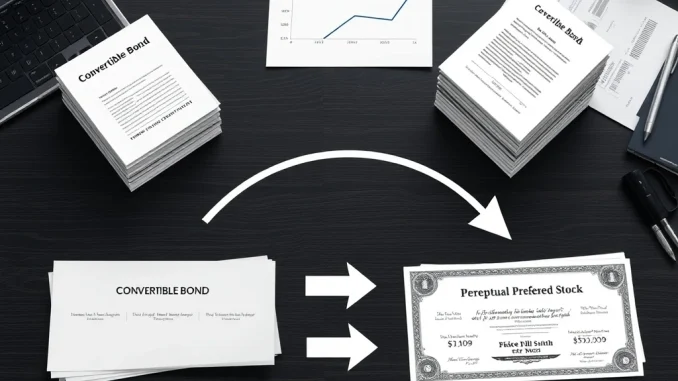 Infographic illustrating Strive's shift from convertible bonds to perpetual preferred stock to improve financial structure.