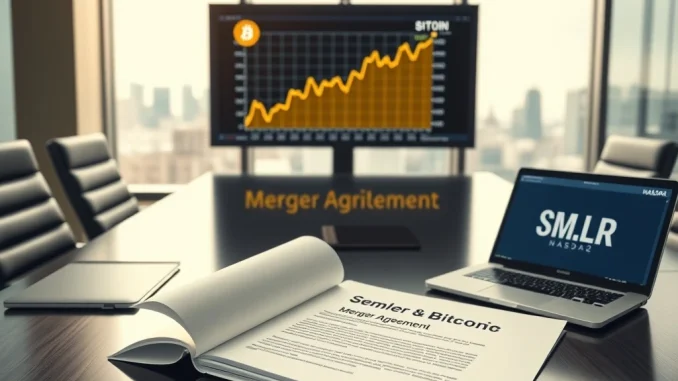 Corporate boardroom scene depicting the Strive and Semler Scientific Bitcoin-focused merger deal.