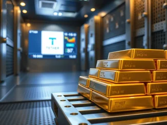 Secure vault with gold bars representing Tether's 27-ton gold purchase for stablecoin reserves.