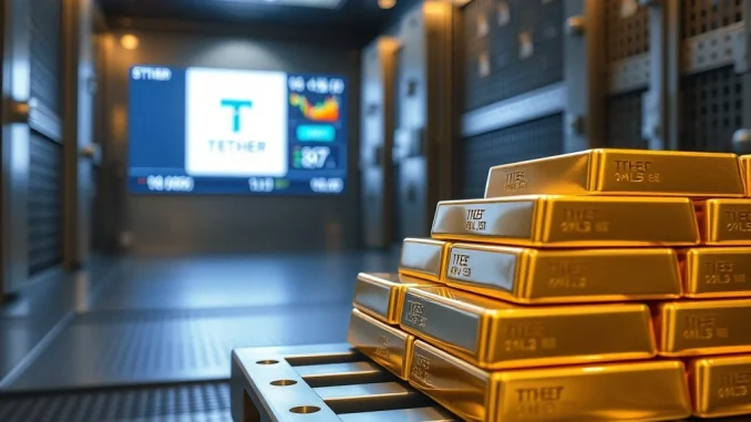 Secure vault with gold bars representing Tether's 27-ton gold purchase for stablecoin reserves.