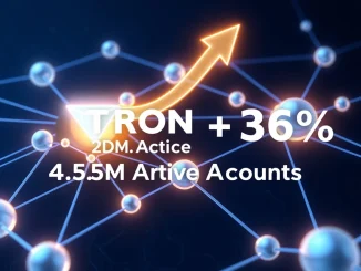 Visualization of Tron blockchain network growth showing a 36% surge in active accounts to 4.59 million.
