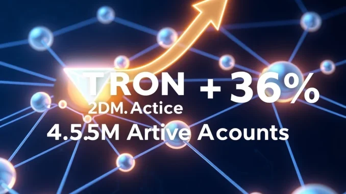 Visualization of Tron blockchain network growth showing a 36% surge in active accounts to 4.59 million.