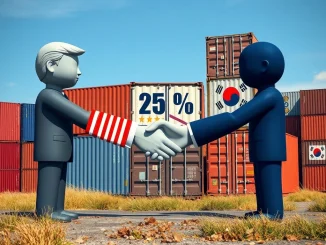 Symbolic image representing Trump's 25% tariffs on South Korean goods and strained US-Korea trade relations.