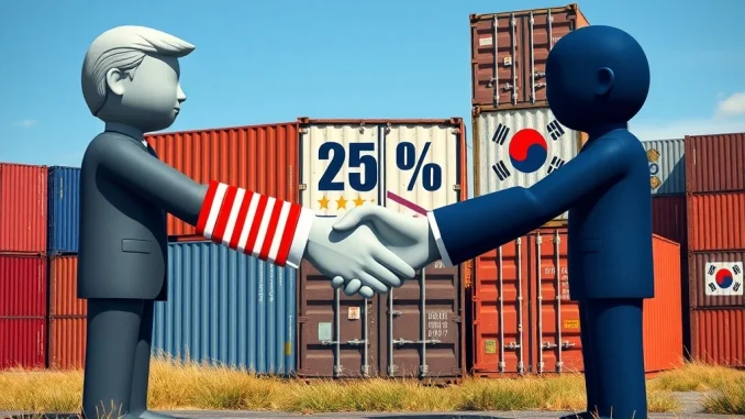 Symbolic image representing Trump's 25% tariffs on South Korean goods and strained US-Korea trade relations.