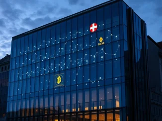 UBS headquarters with blockchain overlay representing its crypto investing review for private banking clients.