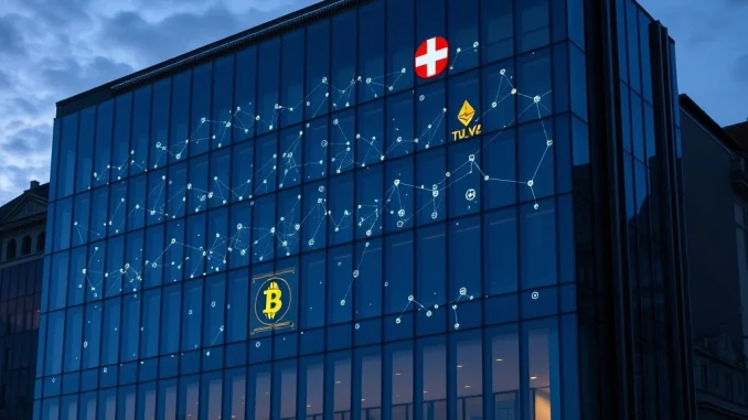 UBS headquarters with blockchain overlay representing its crypto investing review for private banking clients.