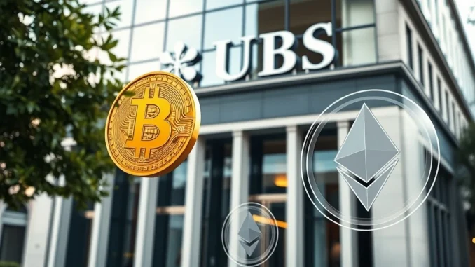 UBS bank building with digital crypto symbols representing its new trading services for private clients.