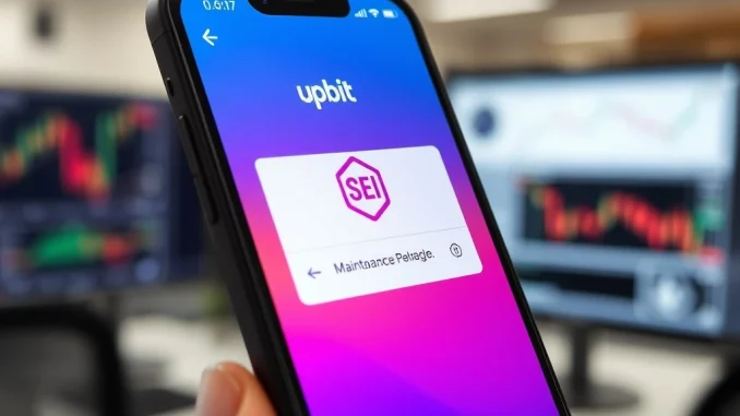 Essential: Upbit Announces Temporary SEI Deposit and Withdrawal Suspension for Network Upgrade Upbit exchange app showing SEI token maintenance notification for network upgrade suspension.