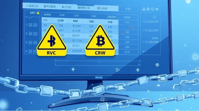 Critical Alert: Upbit Suspends Withdrawals for RVC, EXCL, and CRW Amid Network Block Generation Halt Upbit exchange interface showing withdrawal suspension for RVC, EXCL, and CRW tokens due to blockchain issues.