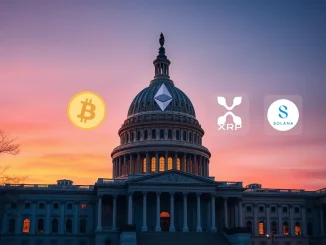 US Capitol with cryptocurrency symbols representing proposed altcoin ETF regulation legislation