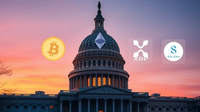 Altcoin ETF Regulation: Groundbreaking US Bill Proposes Equal Treatment for Major Cryptocurrencies US Capitol with cryptocurrency symbols representing proposed altcoin ETF regulation legislation