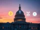 US Capitol with cryptocurrency symbols representing proposed altcoin ETF regulation legislation