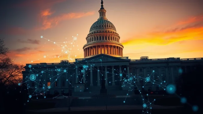 US Capitol building with blockchain overlay showing how ethics loophole threatens crypto regulation