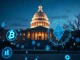 US Capitol building with cryptocurrency symbols representing crypto market structure bill legislation