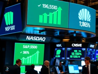 US major indices showing gains on trading floor displays with S&P 500, Nasdaq, and Dow Jones data