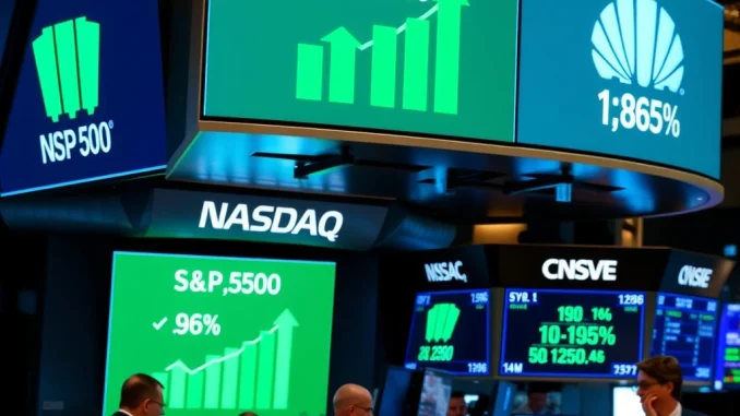 US Major Indices Open Higher: Bullish Momentum Sparks Optimistic Trading Session US major indices showing gains on trading floor displays with S&P 500, Nasdaq, and Dow Jones data