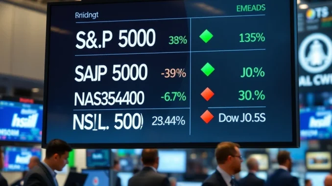 A trading floor data screen shows US stock indices with mixed results for S&P 500, Nasdaq, and Dow Jones.