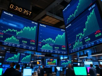 Major US stock indices showing gains on trading floor monitors with S&P 500, Nasdaq, and Dow Jones all in green.