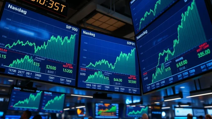 Major US stock indices showing gains on trading floor monitors with S&P 500, Nasdaq, and Dow Jones all in green.