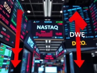 Major US stock indices open lower with S&P 500, Nasdaq, and Dow Jones showing declines on trading screens.