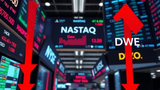Major US stock indices open lower showing declines on S&P 500, Nasdaq, and Dow Jones trading screens.
