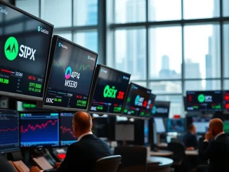 US stock market trading floor with monitors showing mixed performance of S&P 500, Nasdaq, and Dow Jones indices.