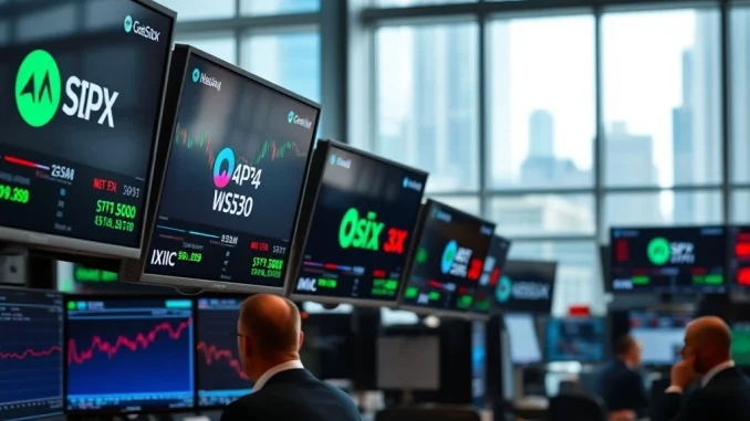US stock market trading floor with monitors showing mixed performance of S&P 500, Nasdaq, and Dow Jones indices.