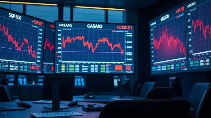 Trading desk monitors show US stock market indices closing lower, with the S&P 500, Nasdaq, and Dow Jones in decline.