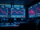 Trading desk monitors show US stock market indices closing lower, with the S&P 500, Nasdaq, and Dow Jones in decline.