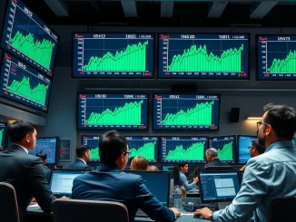 Professional trading floor monitoring US stocks closing higher with green market charts