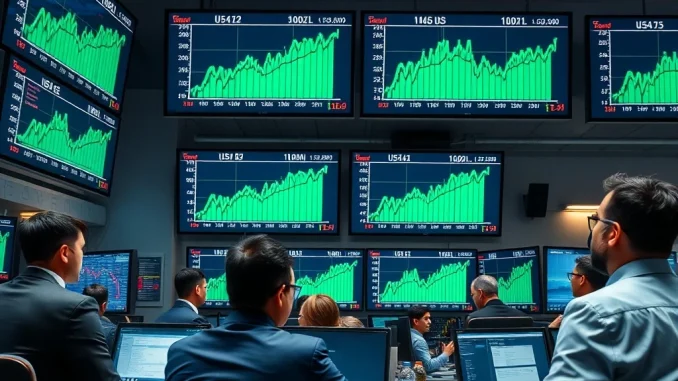 Professional trading floor monitoring US stocks closing higher with green market charts