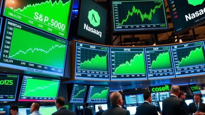 US Stocks Surge Higher: S&P 500, Nasdaq, and Dow Jones All Post Significant Gains in Broad Market Rally US stocks market rally showing S&P 500, Nasdaq, and Dow Jones gains on trading floor displays