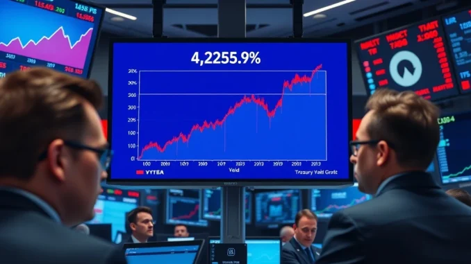 U.S. 10-year Treasury yield chart hitting a 4-month high of 4.259% on financial trading screens.
