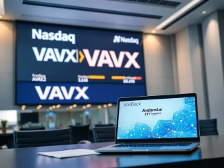 The new VanEck Avalanche ETF (VAVX) listed on Nasdaq, representing institutional crypto investment with staking.