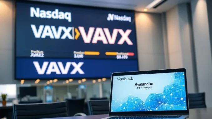 The new VanEck Avalanche ETF (VAVX) listed on Nasdaq, representing institutional crypto investment with staking.
