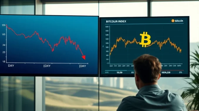 Analyst reviewing charts showing a weaker US dollar and stagnant Bitcoin price in 2025.