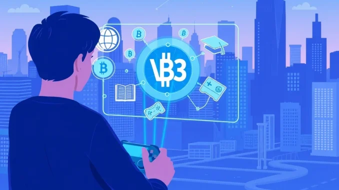 Educational Web3 gaming quest interface showing blockchain integration and learning progression