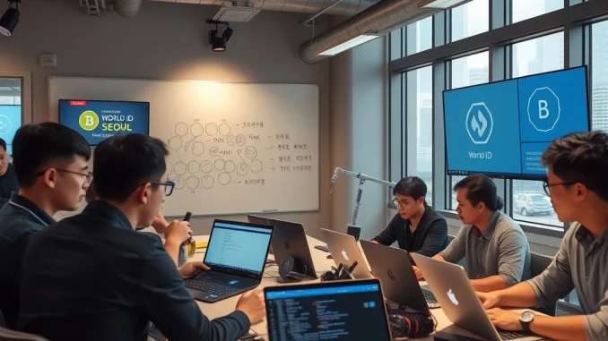 Developers collaborating at the World Build Korea Hackathon in Seoul to build verified human Web3 services using Worldcoin's World ID.