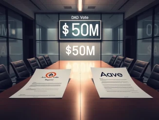 Aave governance crisis depicted by rival reports from ACI and Aave Labs on a split boardroom table ahead of a $50M DAO vote.