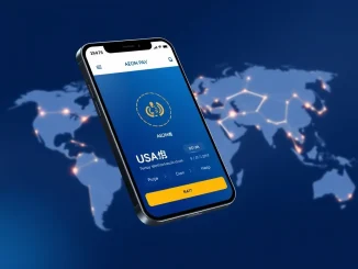 AEON Pay app on a smartphone processing a USA₮ digital dollar payment for global merchant adoption.