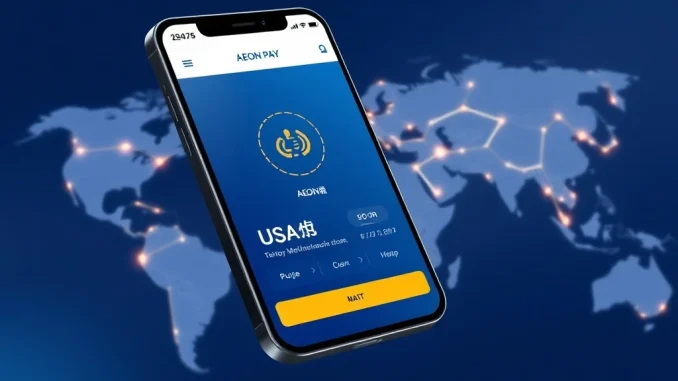 AEON Pay app on a smartphone processing a USA₮ digital dollar payment for global merchant adoption.