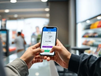 Smartphone using AEON Pay for $ULTIMA cryptocurrency payment at a retail checkout counter.