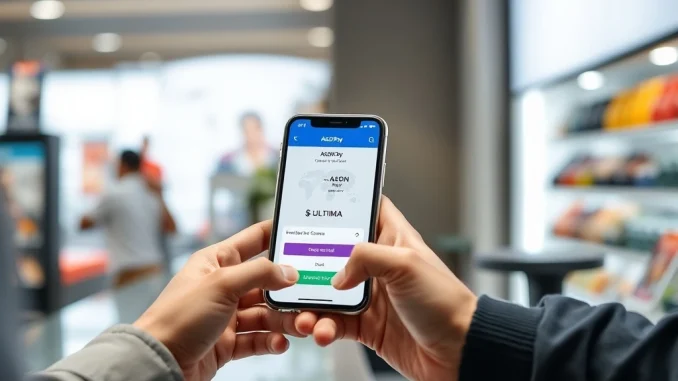 Smartphone using AEON Pay for $ULTIMA cryptocurrency payment at a retail checkout counter.