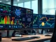 Financial analyst monitors AI data and cryptocurrency markets, showing potential capital flow connection.
