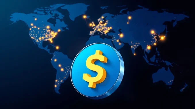Global map visualization of Alchemy Pay's $USA₮ fiat on-ramp expansion to 173 markets for crypto payments.