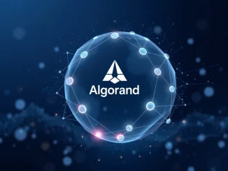 Illustration of Algorand blockchain decentralization with 2B ALGO staked, showing global network nodes and data flow.