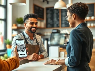 Business owner accepting crypto payments from customer using smartphone at counter