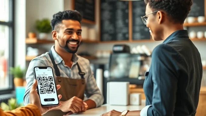 Business owner accepting crypto payments from customer using smartphone at counter